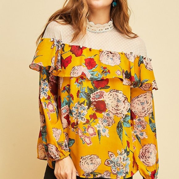 Entro Mustard Floral Print Scalloped Mock Neck Top - Picture 5 of 6